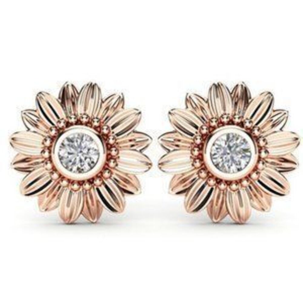 NEW 18K Rose Gold Diamond Sunflower Stud Earrings
